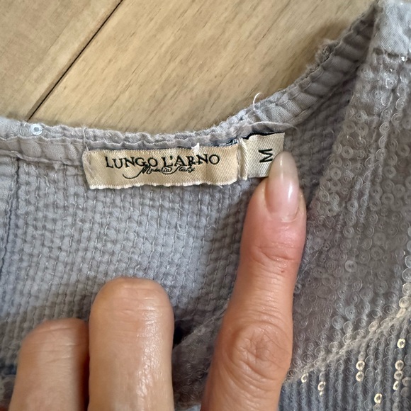 Sequin-Hem Light Gray Linen dress - Picture 2 of 7